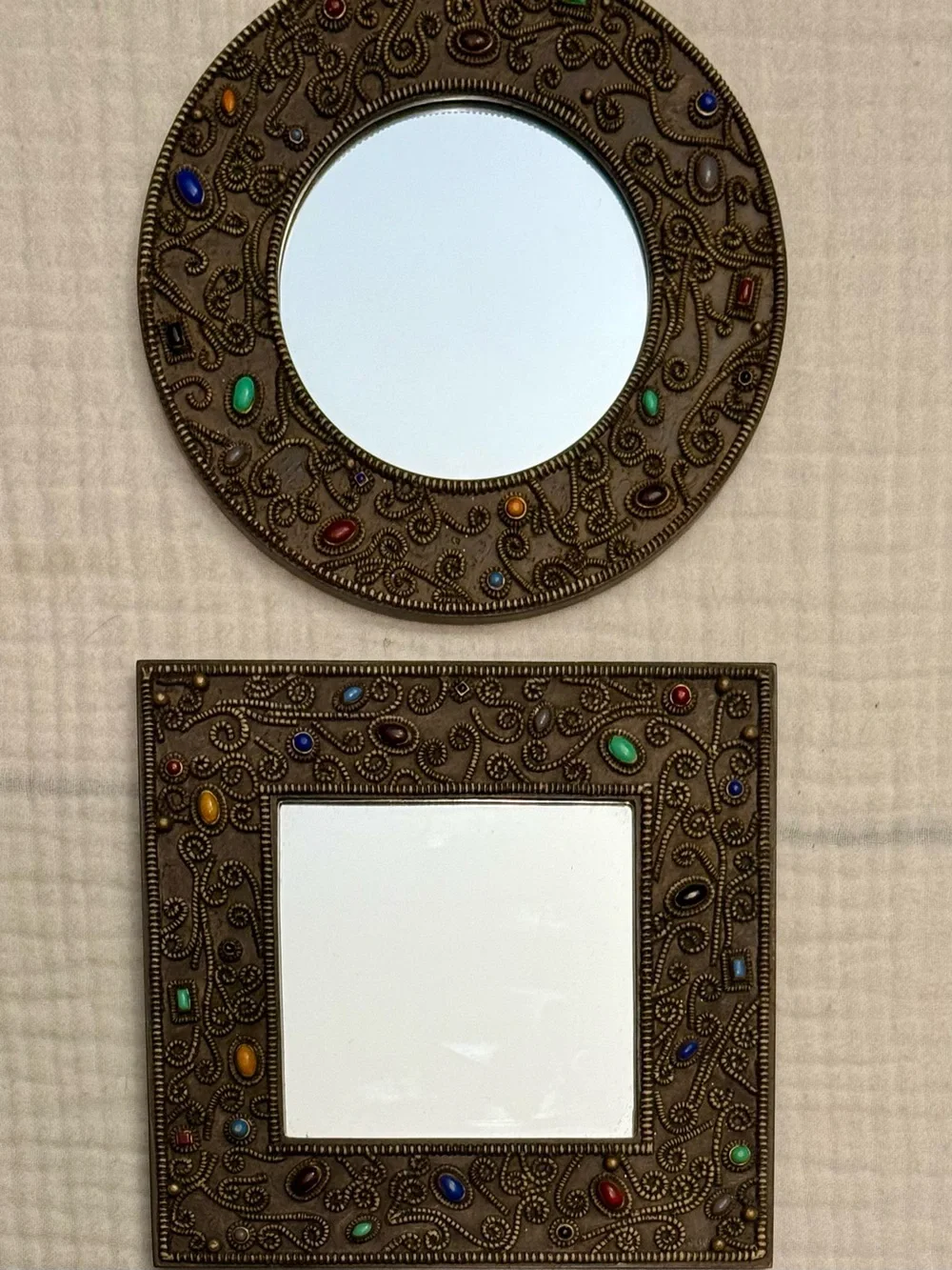 Ornate Bronze Tuscan Multicolor Faux Beaded Accent Decor Wall Mirrors Set Of 3